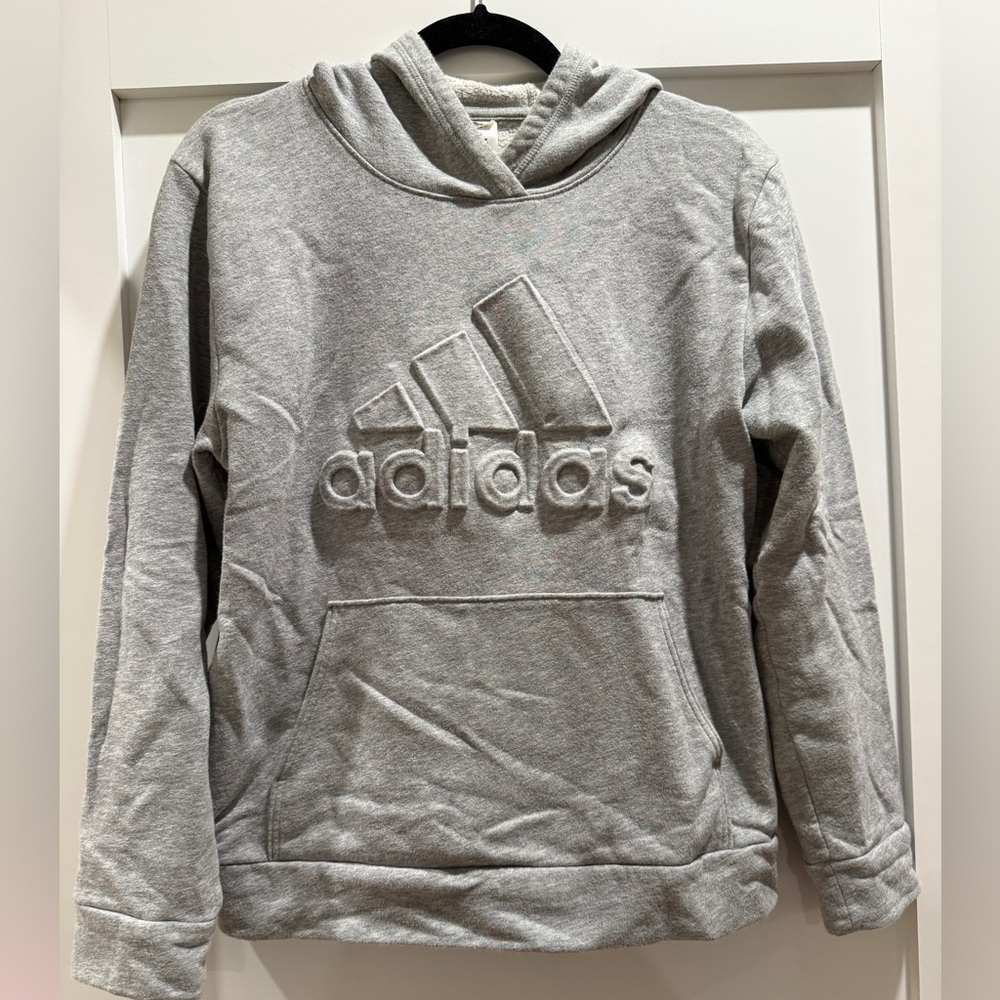 Adidas Heather Gray Embossed Logo Pullover Hoodie Sweatshirt